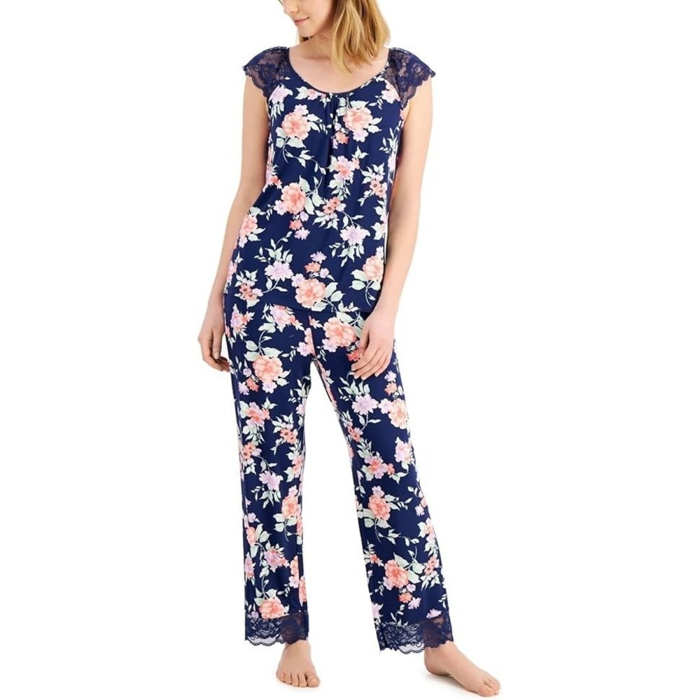 INC International Concepts Floral 2pc Sleep Lounge Set Lace Trim‎ Blue/White 2XL